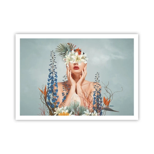 Poster - Ritratto di donna con motivo floreale su sfondo blu - 100x70cm - Donna - fiore - Decorazione murale moderna per soggiorno e camera da letto ARTTOR