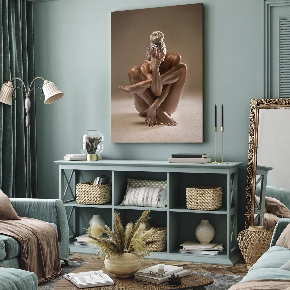 Quadro su tela - Stampe su Tela - Silhouette artistica di una donna su sfondo beige - 50x70cm - Unità di corpo e anima - Decorazione murale moderna per soggiorno e camera da letto ARTTOR