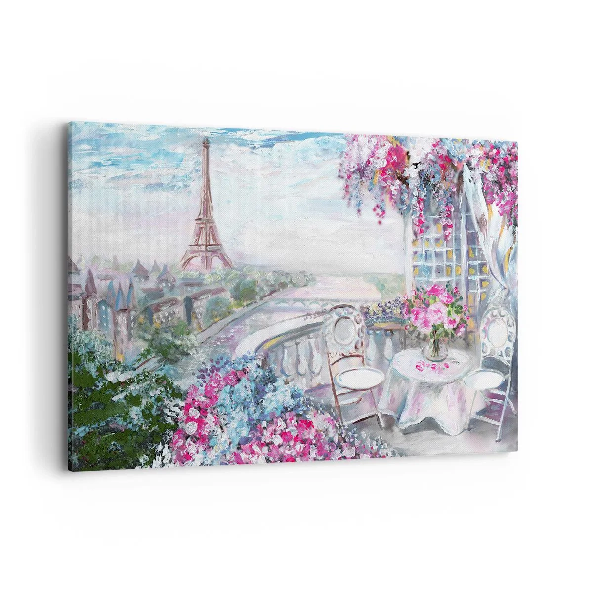 Quadro su tela - Stampe su Tela - Una vista romantica di Parigi con la Torre Eiffel e un balcone pieno di fiori - 120x80cm - Bellissimo qui a maggio - Decorazione murale moderna per soggiorno e camera da letto ARTTOR