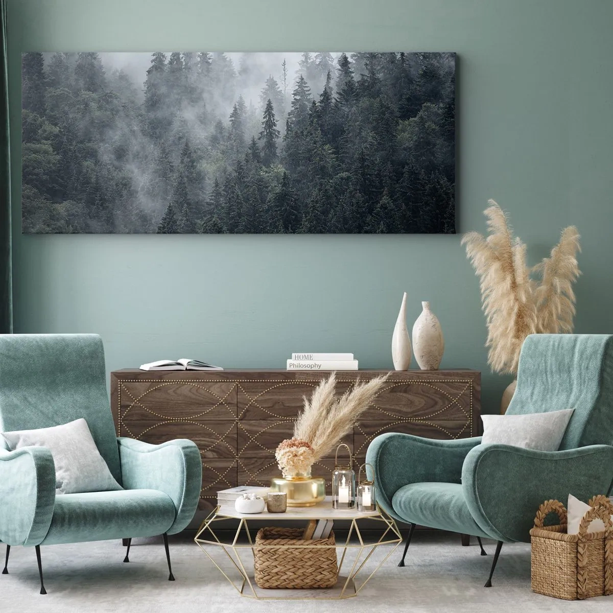 Quadro su tela - Stampe su Tela - Foresta di conifere nebbiosa nei toni del grigio e del verde - 140x50cm - Alba nel bosco - Decorazione murale moderna per soggiorno e camera da letto ARTTOR