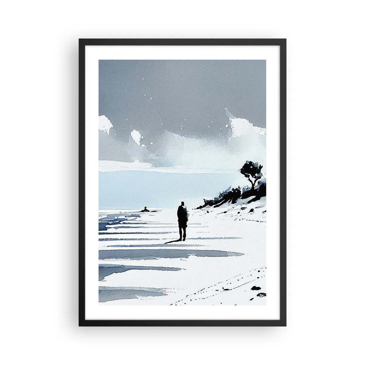 Poster in cornice nera - Una figura solitaria sulla spiaggia nei toni dell'acquerello - 50x70cm - Solo con se stesso - Decorazione murale moderna per soggiorno e camera da letto ARTTOR