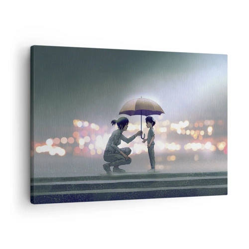 Quadro su tela - Stampe su Tela - Una figura con un ombrello che protegge un bambino sullo sfondo delle luci notturne. - 70x50cm - E già tutto va bene - Decorazione murale moderna per soggiorno e camera da letto ARTTOR
