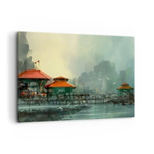 Quadro su tela - Stampe su Tela - Edifici portuali in uno scenario piovoso con gabbiani - 120x80cm - Giornata di pioggia al porto - Decorazione murale moderna per soggiorno e camera da letto ARTTOR