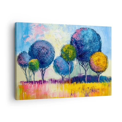 Quadro su tela - Stampe su Tela - Alberi colorati a forma di palla sullo sfondo di un paesaggio - 70x50cm - Sfera: forma ideale - Decorazione murale moderna per soggiorno e camera da letto ARTTOR
