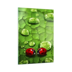 Quadro su vetro - Due coccinelle su una foglia verde con gocce d'acqua - 50x70cm - Incontro in verde - Decorazione murale moderna per soggiorno e camera da letto ARTTOR