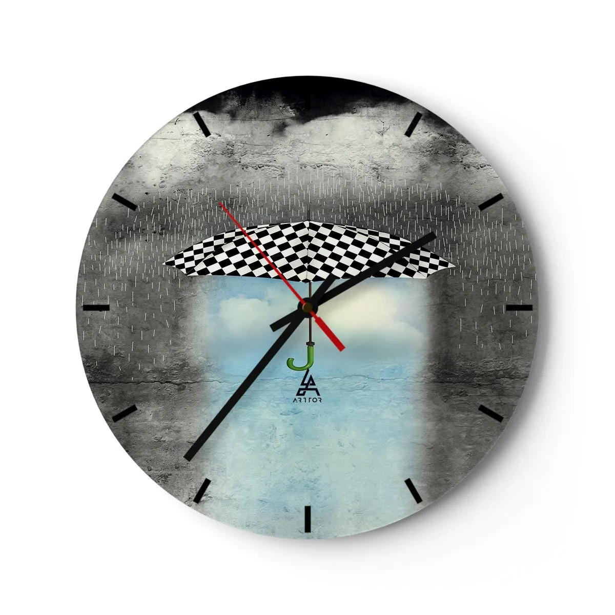 Orologio da parete - Orologio in Vetro - Un ombrello a scacchi bianchi e neri su uno sfondo di nuvole cariche di pioggia e cielo azzurro. - 30x30cm - Tuttavia è possibile - Decorazione murale moderna per soggiorno, cucina e camera da letto ARTTOR