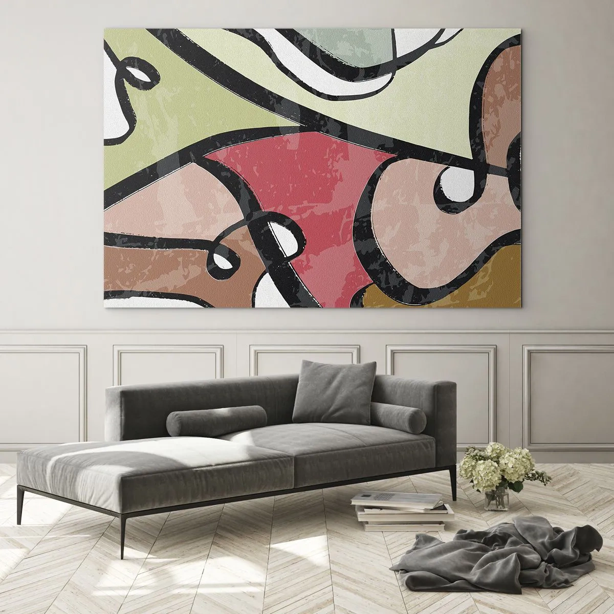 Quadro su vetro - Astrazione colorata con linee nere - 70x50cm - Piroette tra i colori - Decorazione murale moderna per soggiorno e camera da letto ARTTOR