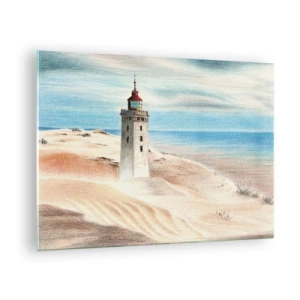 Quadro su vetro - Un faro su una duna del deserto vicino a un mare calmo - 70x50cm - Sempre guardando il mare - Decorazione murale moderna per soggiorno e camera da letto ARTTOR