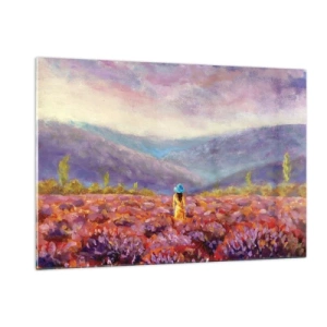 Quadro su vetro - Una figura che indossa un cappello in un campo di lavanda al tramonto - 120x80cm - Nel mondo di lavanda - Decorazione murale moderna per soggiorno e camera da letto ARTTOR