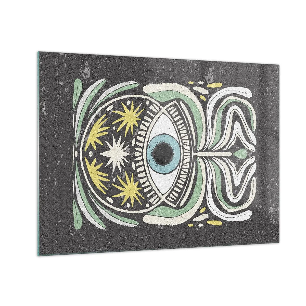 Quadro su vetro - Occhio grafico con ornamenti tribali su sfondo scuro - 70x50cm - Rituali tribali - Decorazione murale moderna per soggiorno e camera da letto ARTTOR