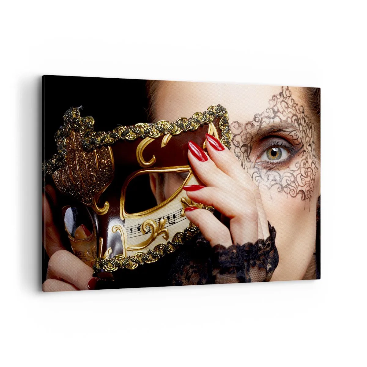 Quadro su tela - Stampe su Tela - Una donna che indossa una maschera veneziana decorata con oro e pizzo. - 120x80cm - Il mio mondo è barocco - Decorazione murale moderna per soggiorno e camera da letto ARTTOR