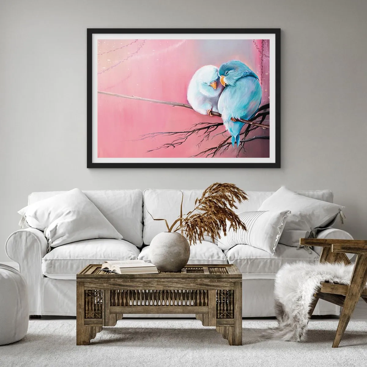 Poster in cornice nera - Due uccelli innamorati su un ramo su uno sfondo rosa - 70x50cm - Che cosa aggiungere? - Decorazione murale moderna per soggiorno e camera da letto ARTTOR