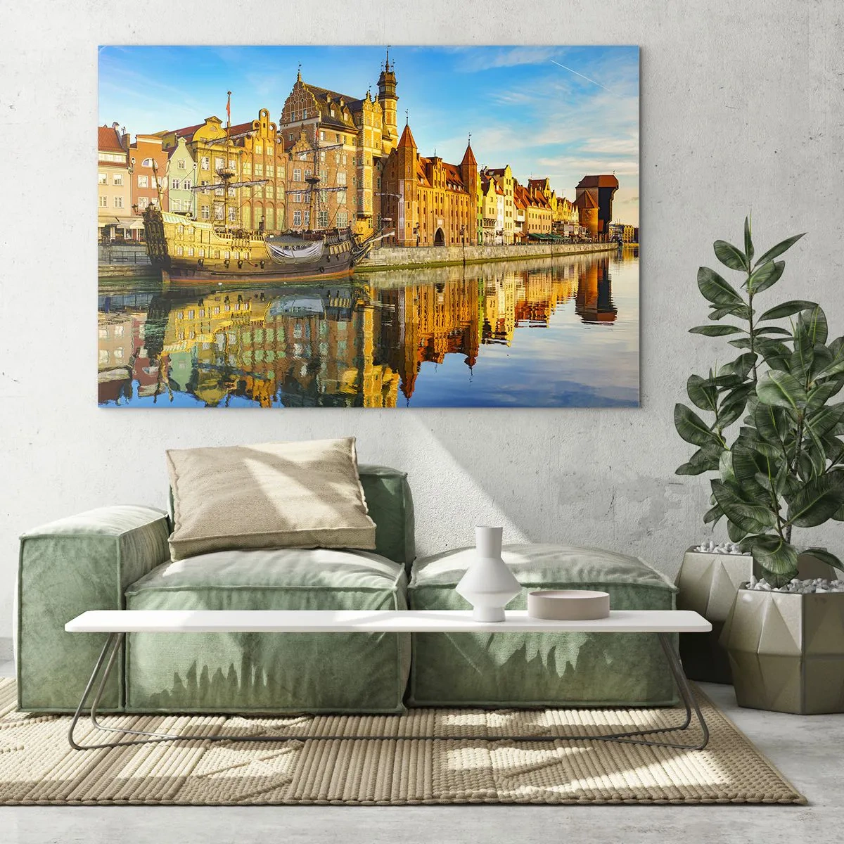 Quadro su vetro - Il centro storico di Danzica con un riflesso nell'acqua - 70x50cm - Il riflesso del passato - Decorazione murale moderna per soggiorno e camera da letto ARTTOR