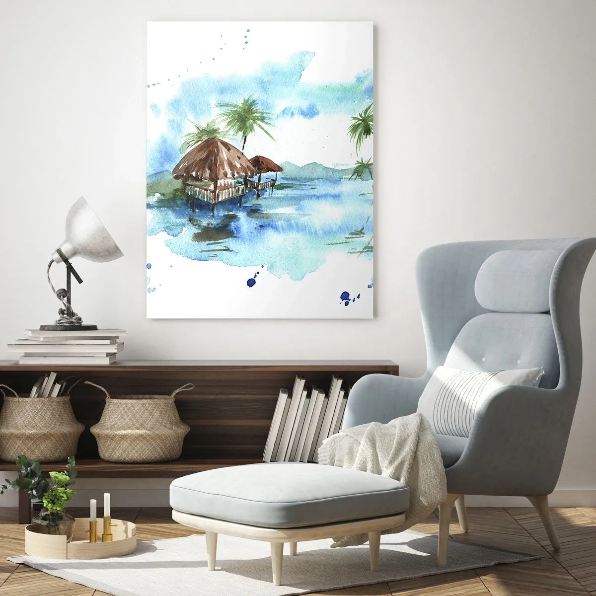 Quadro su vetro - Dipinto ad acquerello di un paesaggio tropicale con case e palme - 70x100cm - Da qualche parte nel Pacifico - Decorazione murale moderna per soggiorno e camera da letto ARTTOR