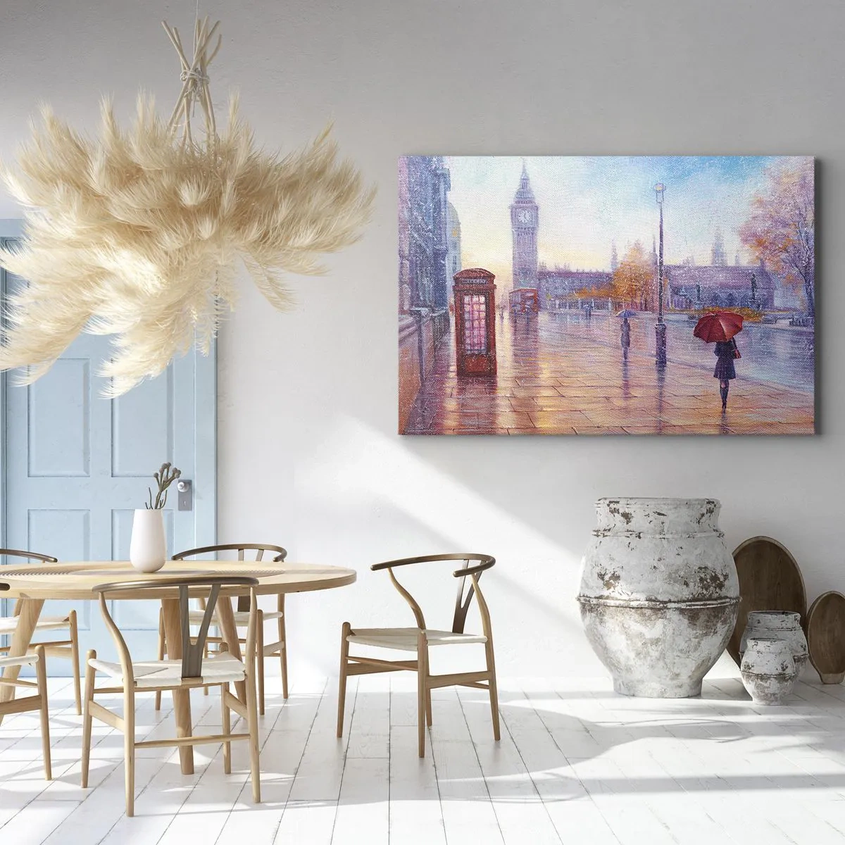 Quadro su tela - Stampe su Tela - Strada di Londra con il Big Ben in una giornata piovosa - 70x50cm - Giorno d'autunno a Londra - Decorazione murale moderna per soggiorno e camera da letto ARTTOR