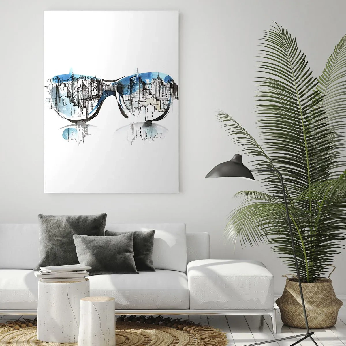 Quadro su vetro - Acquerello del panorama cittadino riflesso negli occhiali - 80x120cm - Chic della grande città - Decorazione murale moderna per soggiorno e camera da letto ARTTOR