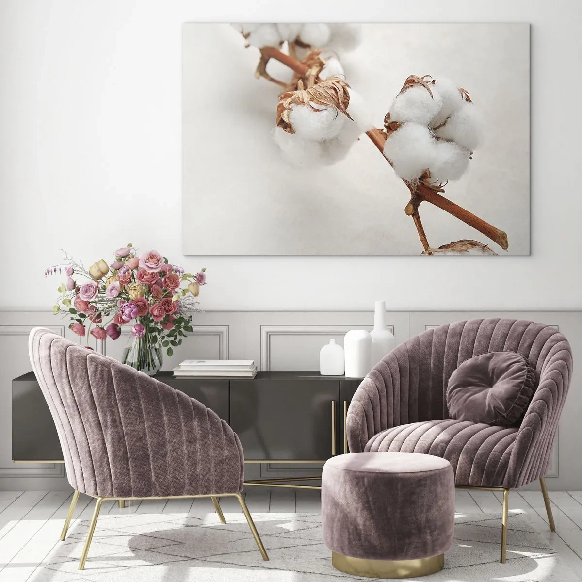 Quadro su vetro - Primo piano di un ramo di cotone su uno sfondo chiaro - 70x50cm - Semplicemente un abbraccio - Decorazione murale moderna per soggiorno e camera da letto ARTTOR