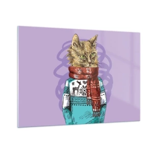 Quadro su vetro - Un gatto con un maglione e una sciarpa su uno sfondo viola - 100x70cm - Un gatto non solo con gli stivali - Decorazione murale moderna per soggiorno e camera da letto ARTTOR