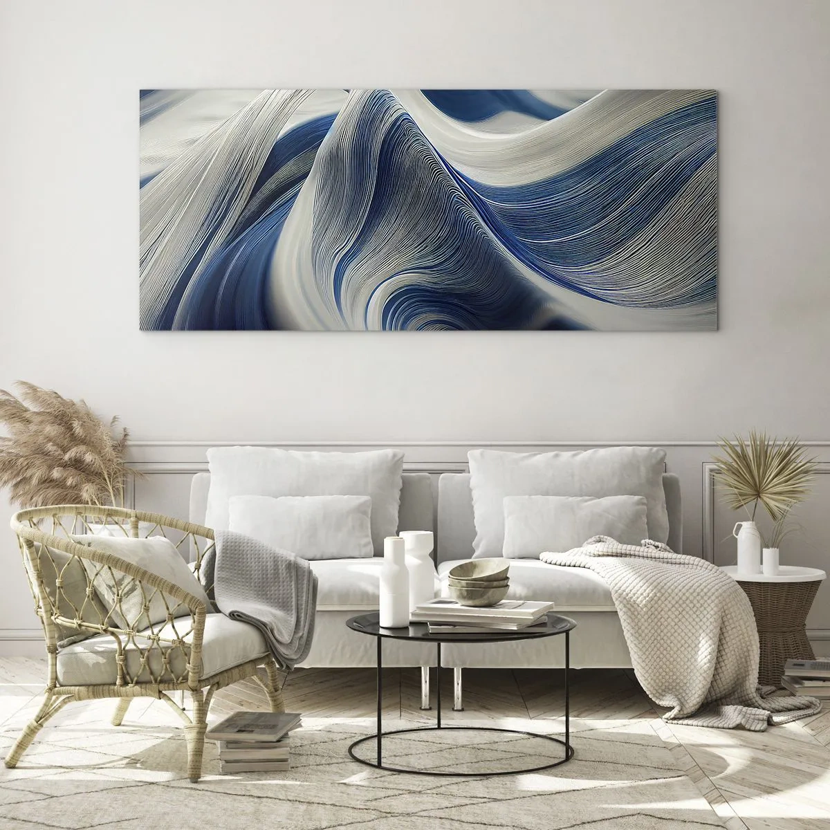 Quadro su vetro - Fluidità di blu e di bianco - 100x40 cm