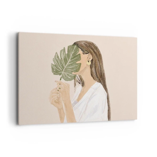 Quadro su tela - Stampe su Tela - Ritratto di una donna con una foglia di monstera su uno sfondo beige - 100x70cm - Misterioso ritratto con ventaglio - Decorazione murale moderna per soggiorno e camera da letto ARTTOR