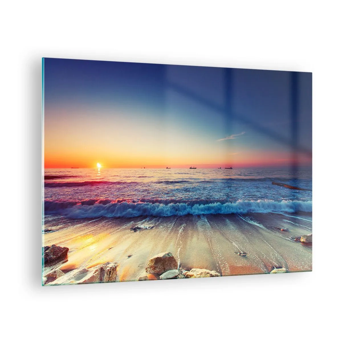 Quadro su vetro - Tramonto sulla spiaggia con onde dolci e mare calmo - 70x50cm - Cosa c'è dietro l'orizzonte? - Decorazione murale moderna per soggiorno e camera da letto ARTTOR