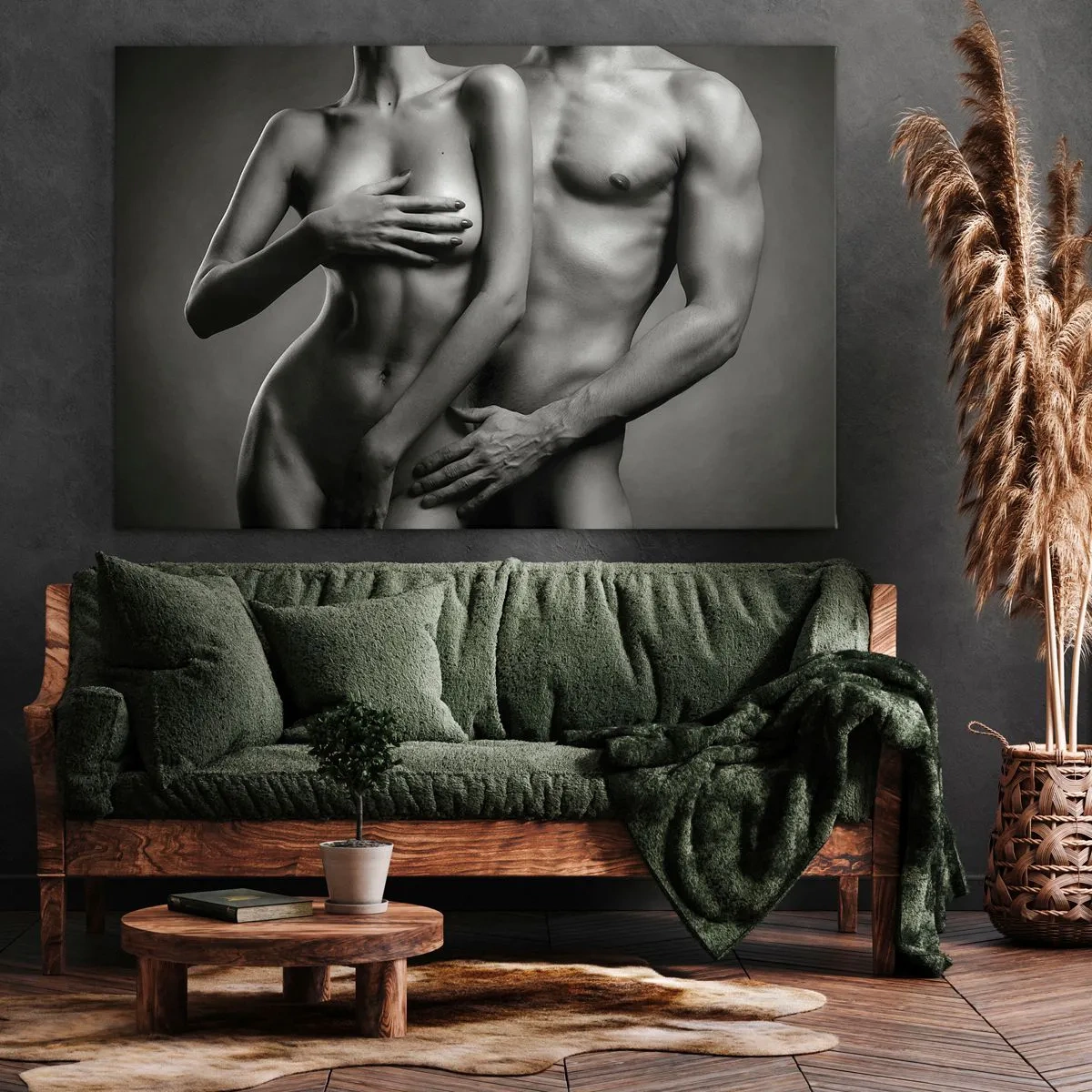 Quadro su tela - Stampe su Tela - Rappresentazione in bianco e nero di corpi femminili e maschili in una posa artistica - 70x50cm - Adamo ed Eva - Decorazione murale moderna per soggiorno e camera da letto ARTTOR