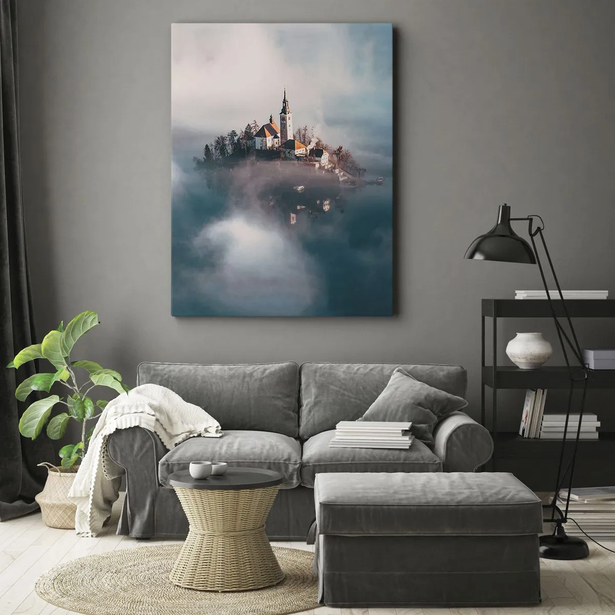 Quadro su tela - Stampe su Tela - Un'isola pittoresca con una chiesa circondata dalla nebbia - 50x70cm - L'isola dei sogni - Decorazione murale moderna per soggiorno e camera da letto ARTTOR
