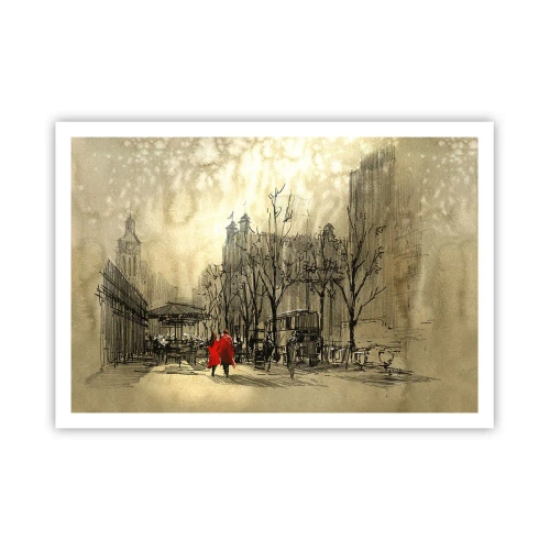 Poster - Una figura rossa in un nostalgico contesto urbano - 100x70cm - Appuntamento nella nebbia di Londra - Decorazione murale moderna per soggiorno e camera da letto ARTTOR