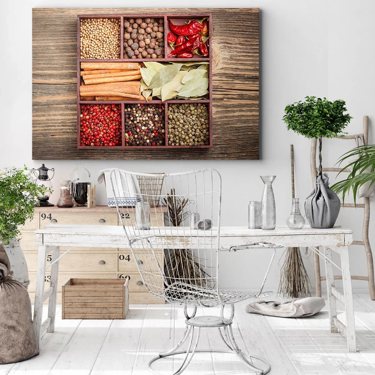 Quadro su tela - Stampe su Tela - Scatola di legno con varie spezie in scomparti - 70x50cm - Ordine delle forme, bouquet degli aromi - Decorazione murale moderna per soggiorno e camera da letto ARTTOR