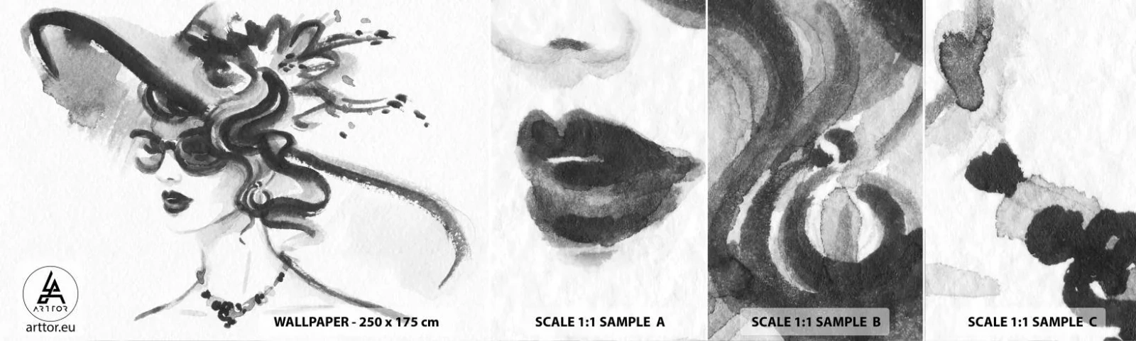 Campione di Fotomurale Adesivo Deluxe Sticker - Donna di carattere - Donna In Un Cappello, Volto di donna, Bianco e nero - 100x30 cm