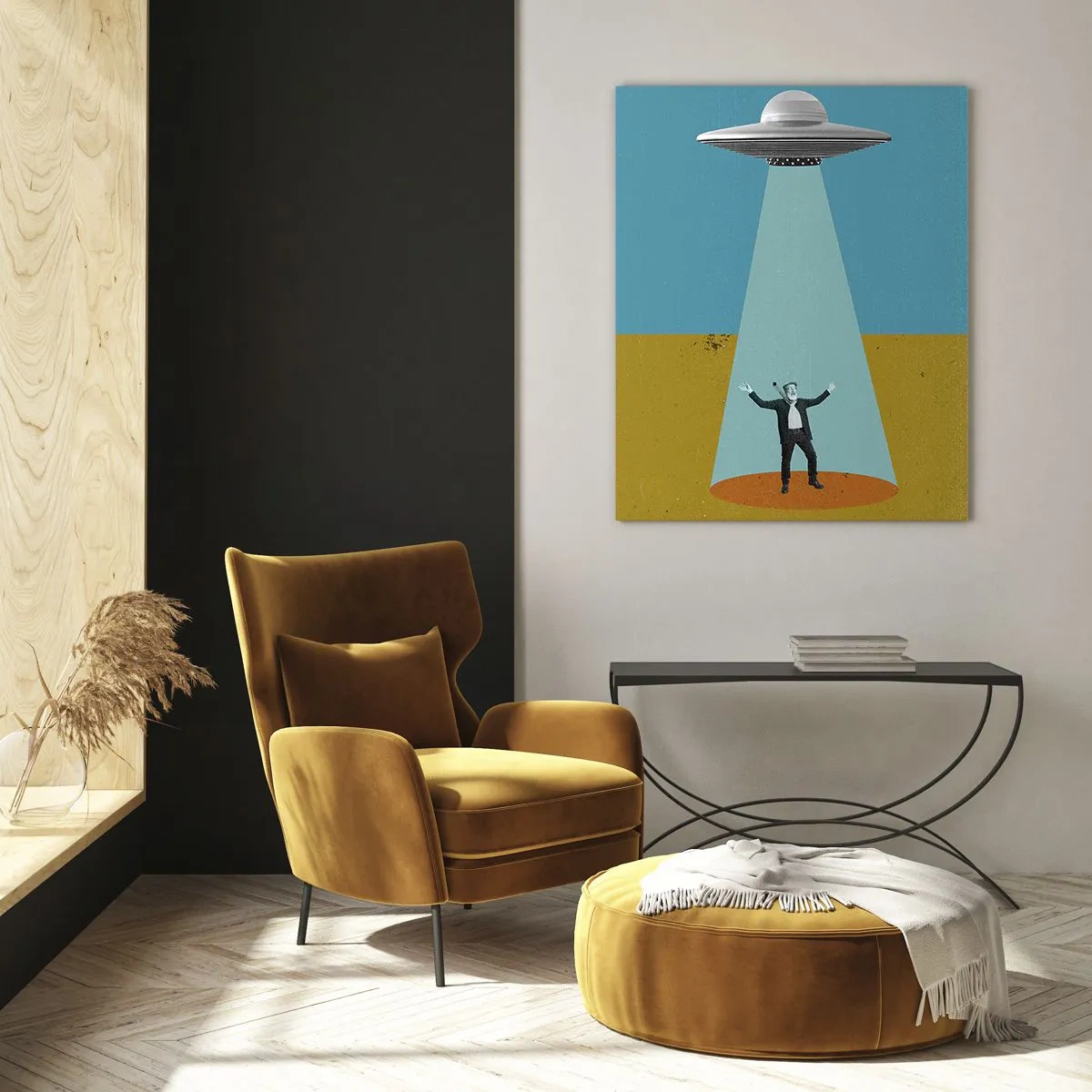 Quadro su vetro - Un uomo alla luce di un UFO sullo sfondo di un paesaggio colorato - 80x120cm - Incontro ravvicinato - Decorazione murale moderna per soggiorno e camera da letto ARTTOR
