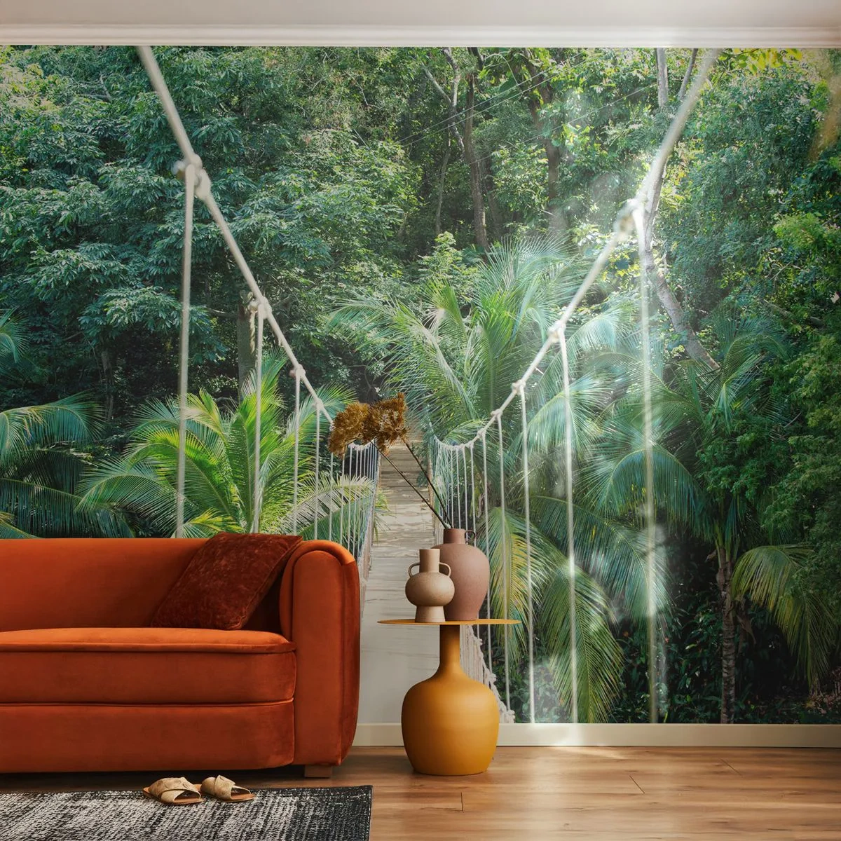 Fotomurali Premium Sand - Un ponte di corda nella giungla tropicale - 100x70cm - Welcome to the jungle! - Decorazione murale moderna per soggiorno e camera da letto ARTTOR