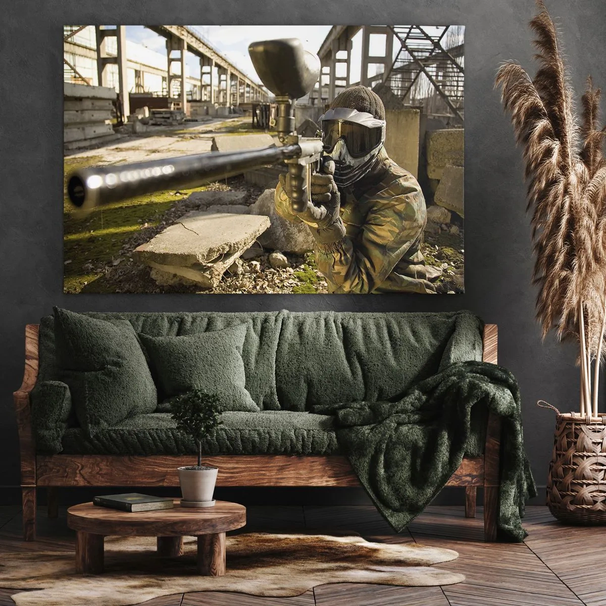 Quadro su tela - Stampe su Tela - Un giocatore di paintball in tenuta mimetica che mira a un marcatore - 120x80cm - Anche tu puoi essere un eroe - Decorazione murale moderna per soggiorno e camera da letto ARTTOR