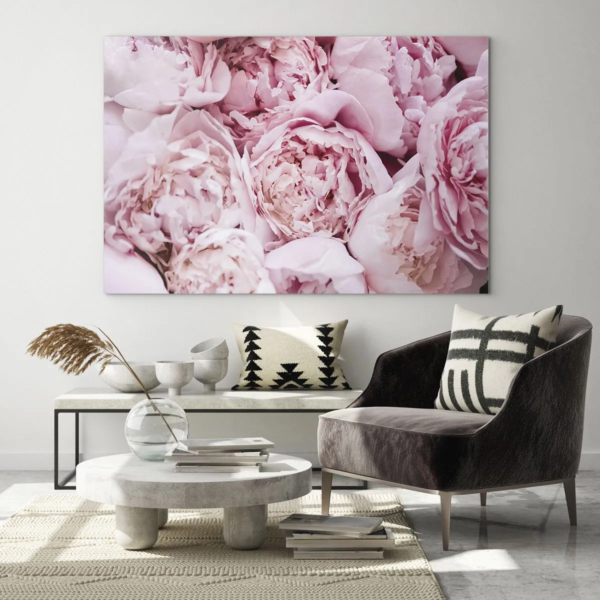 Quadro su vetro - Primo piano di un bouquet di peonie rosa chiaro - 100x70cm - Morbide e profumate - Decorazione murale moderna per soggiorno e camera da letto ARTTOR