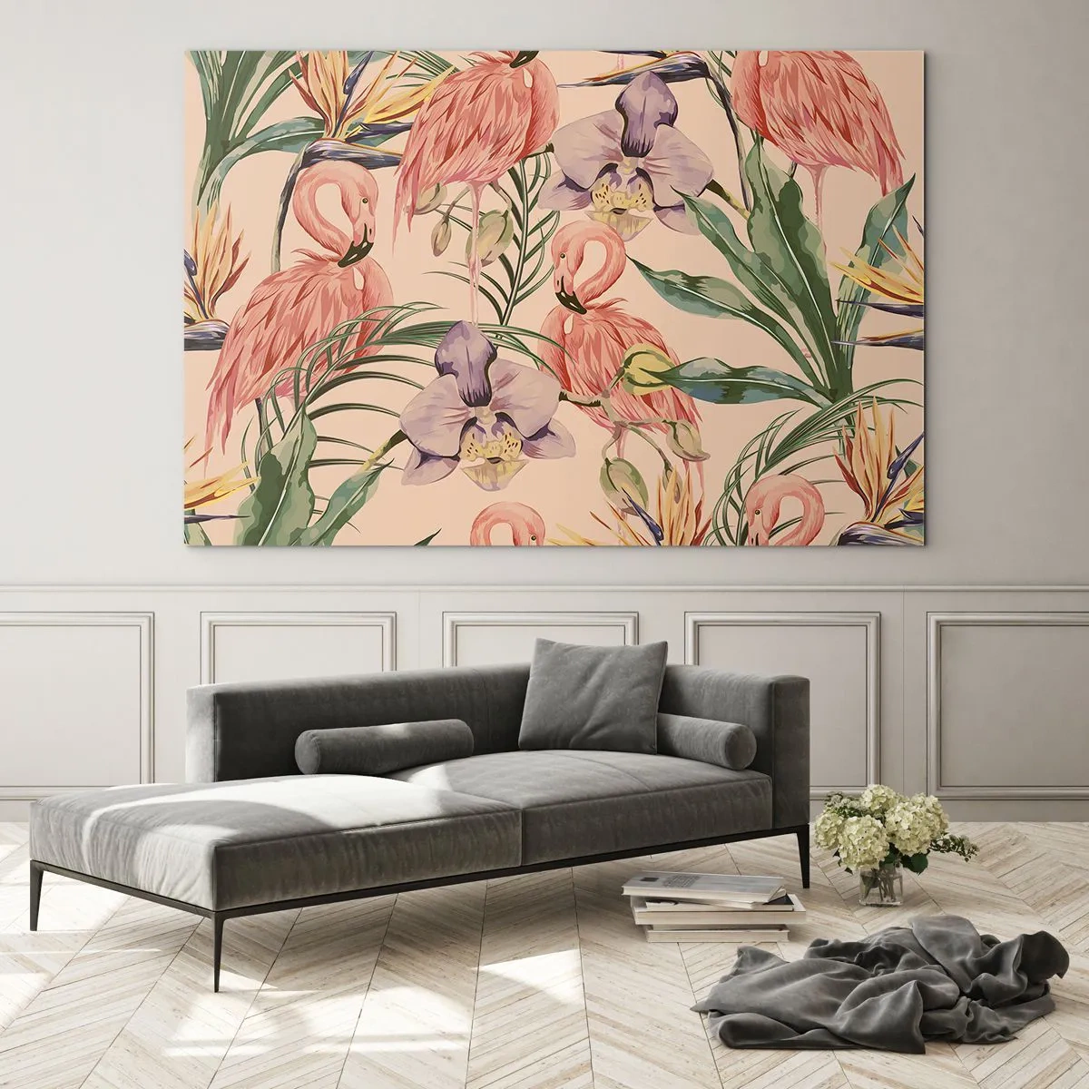 Quadro su vetro - Fenicotteri circondati da fiori e piante tropicali - 100x70cm - Un ballo rosa nei fiori - Decorazione murale moderna per soggiorno e camera da letto ARTTOR