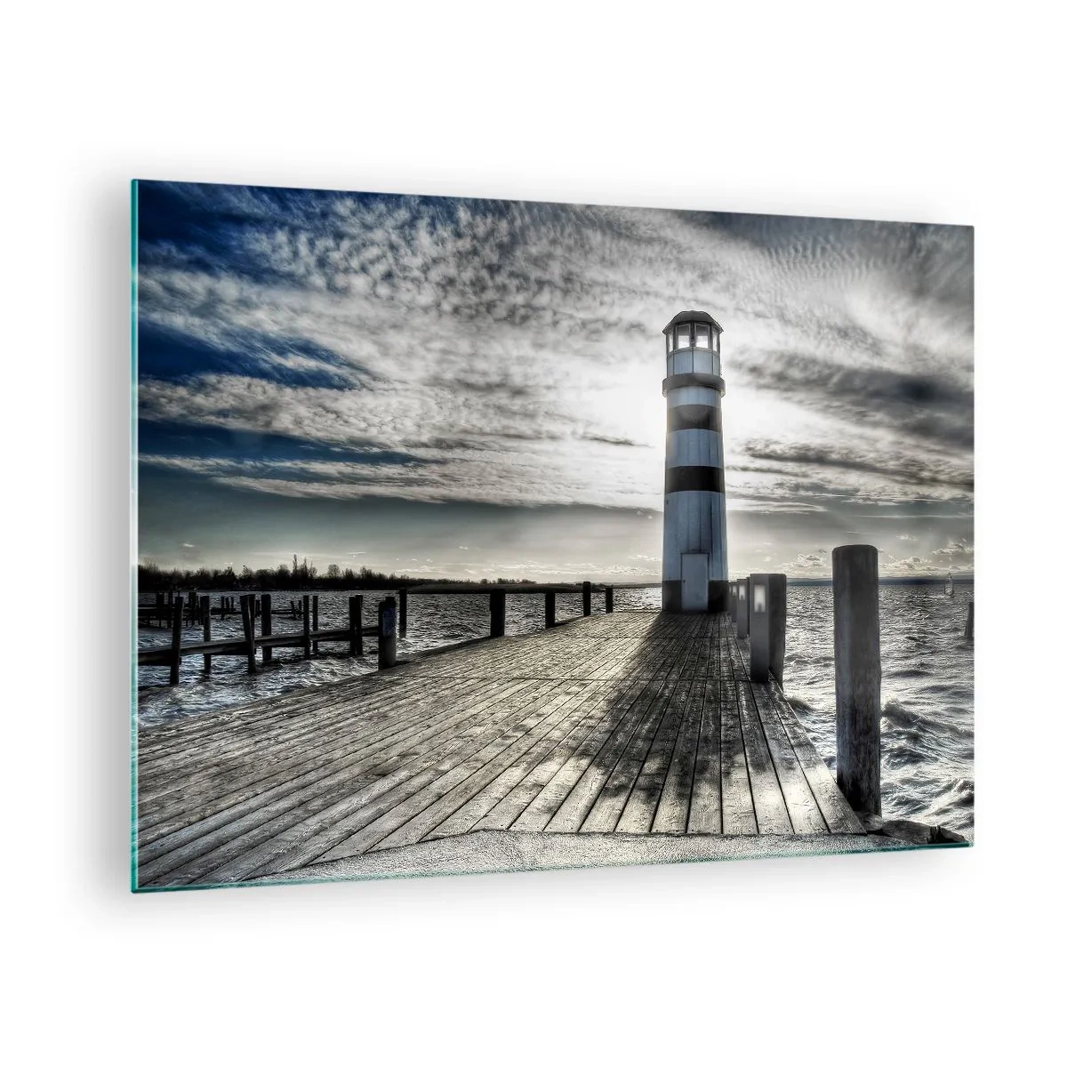 Quadro su vetro - Un faro contro un cielo drammatico - 70x50cm - Marinai, vi aspettiamo - Decorazione murale moderna per soggiorno e camera da letto ARTTOR
