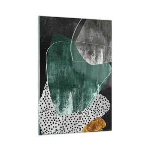 Quadro su vetro - Composizione astratta con forme verdi e motivi a pois - 80x120cm - Astrazione colorata con petalo d'oro - Decorazione murale moderna per soggiorno e camera da letto ARTTOR