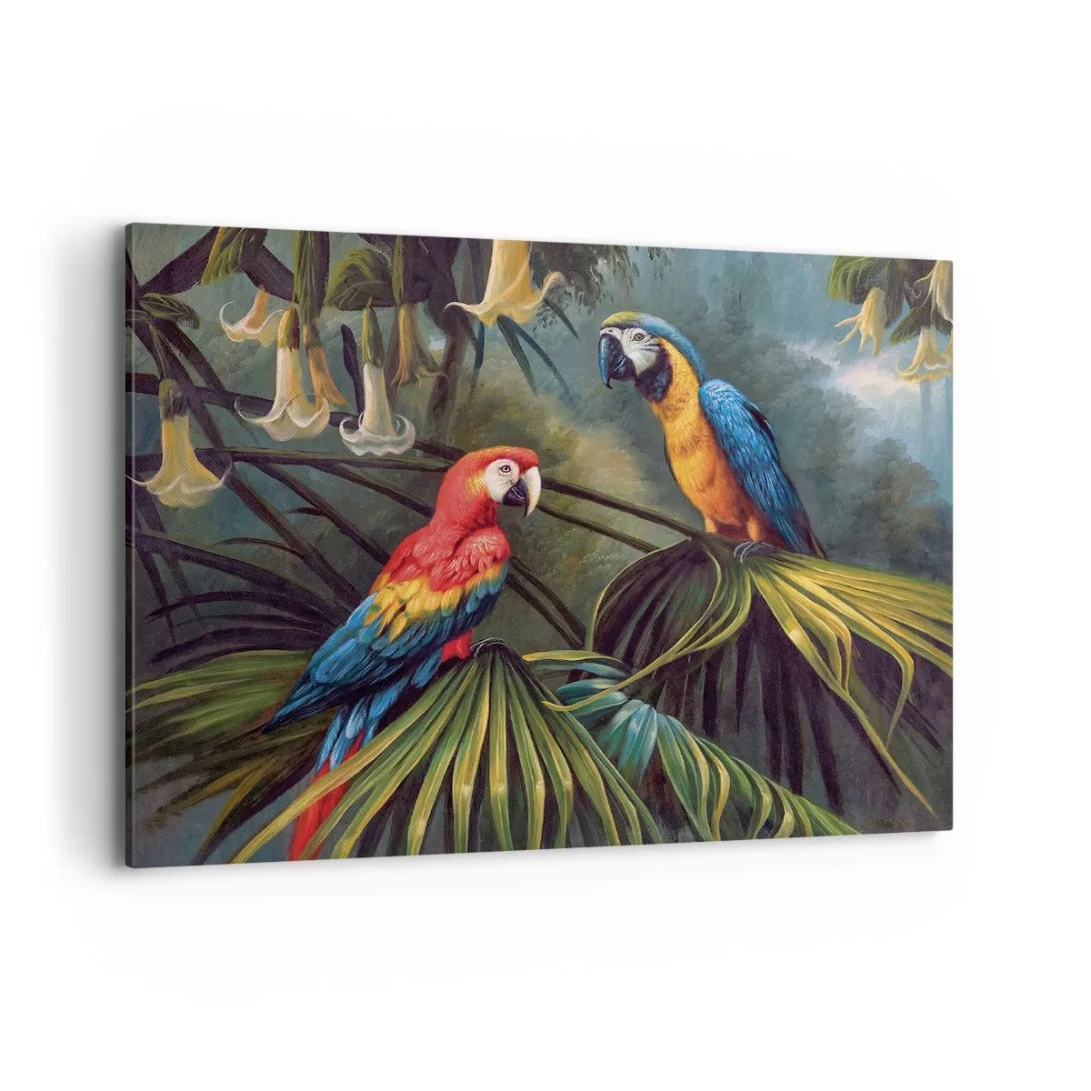 Quadro su tela - Stampe su Tela - Pappagalli in una foresta tropicale con fiori esotici sullo sfondo - 120x80cm - Romanticità ai tropici - Decorazione murale moderna per soggiorno e camera da letto ARTTOR