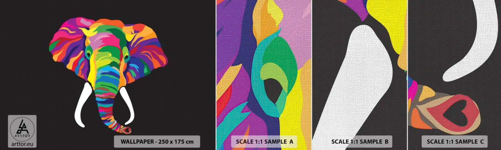 Campione di Fotomurale Premium Canvas - L'elefante che faceva il bagno nell'arcobaleno - Animali, Elefante, Immagine colorata - 100x30 cm