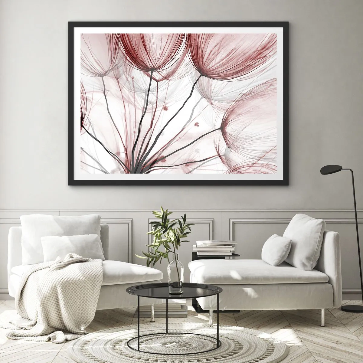 Poster in cornice nera - Delicati fiori nei toni del rosso su uno sfondo chiaro - 70x50cm - Prima del decollo - Decorazione murale moderna per soggiorno e camera da letto ARTTOR