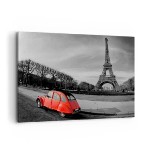 Quadro su tela - Stampe su Tela - Un'auto rossa con la Torre Eiffel sullo sfondo in un paesaggio in bianco e nero - 120x80cm - Più parigine di Parigi - Decorazione murale moderna per soggiorno e camera da letto ARTTOR