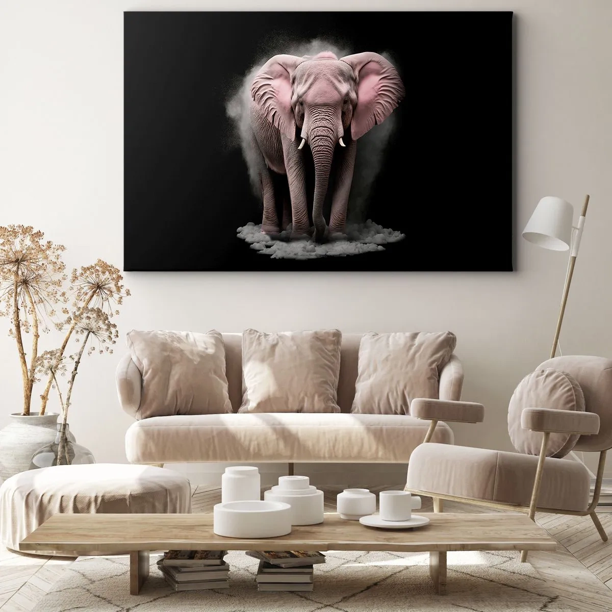 Quadro su tela - Stampe su Tela - Un'interpretazione artistica di un elefante rosa su sfondo nero - 70x50cm - Non pensare all'elefante rosa! - Decorazione murale moderna per soggiorno e camera da letto ARTTOR