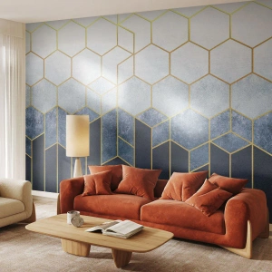 Fotomurali Standard Eco - Motivo geometrico con esagoni e linee dorate - 100x70cm - Composizione a ritmo sincopato - Decorazione murale moderna per soggiorno e camera da letto ARTTOR