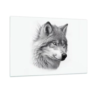 Quadro su vetro - Ritratto in bianco e nero di un lupo dallo sguardo penetrante - 120x80cm - Alfa, senza dubbio - Decorazione murale moderna per soggiorno e camera da letto ARTTOR