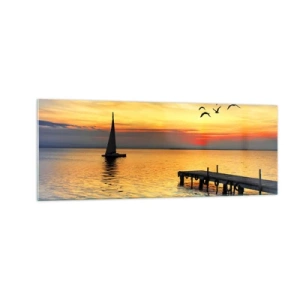 Quadro su vetro - Tramonto con barca a vela e molo su un lago calmo - 140x50cm - Il ritorno alla sera - Decorazione murale moderna per soggiorno e camera da letto ARTTOR