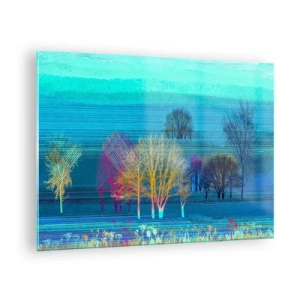 Quadro su vetro - Un paesaggio colorato con alberi su uno sfondo di toni blu - 70x50cm - Paesaggio pettinato - Decorazione murale moderna per soggiorno e camera da letto ARTTOR