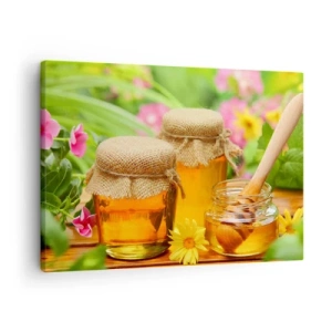 Quadro su tela - Stampe su Tela - Vasetti di miele con fiori sullo sfondo di un giardino estivo - 70x50cm - Dolce miele di fiori - Decorazione murale moderna per soggiorno e camera da letto ARTTOR