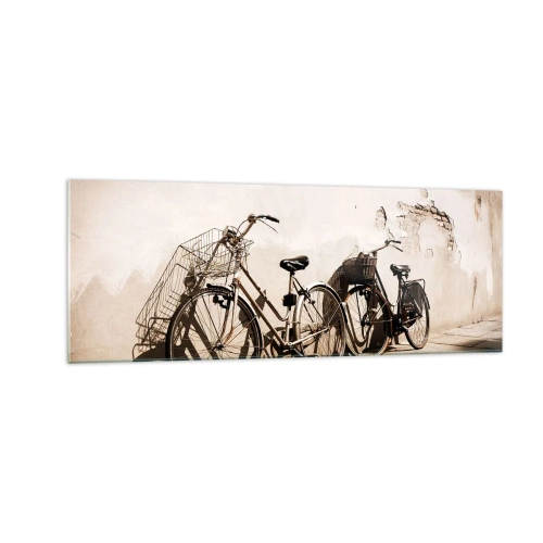 Quadro su vetro - Due biciclette appoggiate a un vecchio muro in stile retrò - 140x50cm - L'indimenticabile bellezza del passato - Decorazione murale moderna per soggiorno e camera da letto ARTTOR
