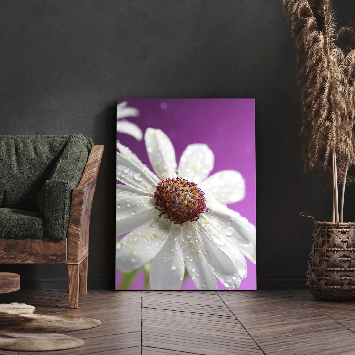 Quadro su tela - Stampe su Tela - Una margherita bianca ricoperta di gocce d'acqua su uno sfondo rosa - 50x70cm - Modesto nella sua bellezza - Decorazione murale moderna per soggiorno e camera da letto ARTTOR