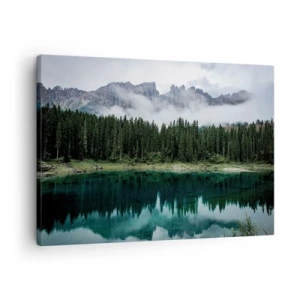Quadro su tela - Stampe su Tela - Un paesaggio montano con una foresta e un lago che riflette il cielo - 70x50cm - Silenzio, non svegliamo l'acqua che dorme... - Decorazione murale moderna per soggiorno e camera da letto ARTTOR